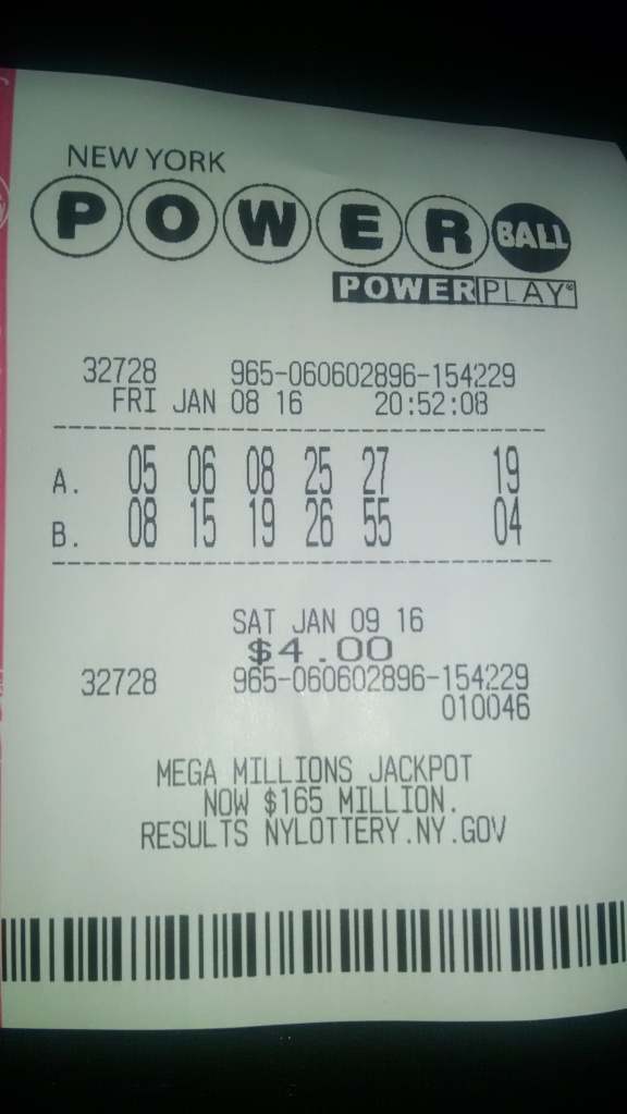 Photo of a Powerball lottery ticket displaying the numbers: 05, 06, 08, 25, 27, 19.
